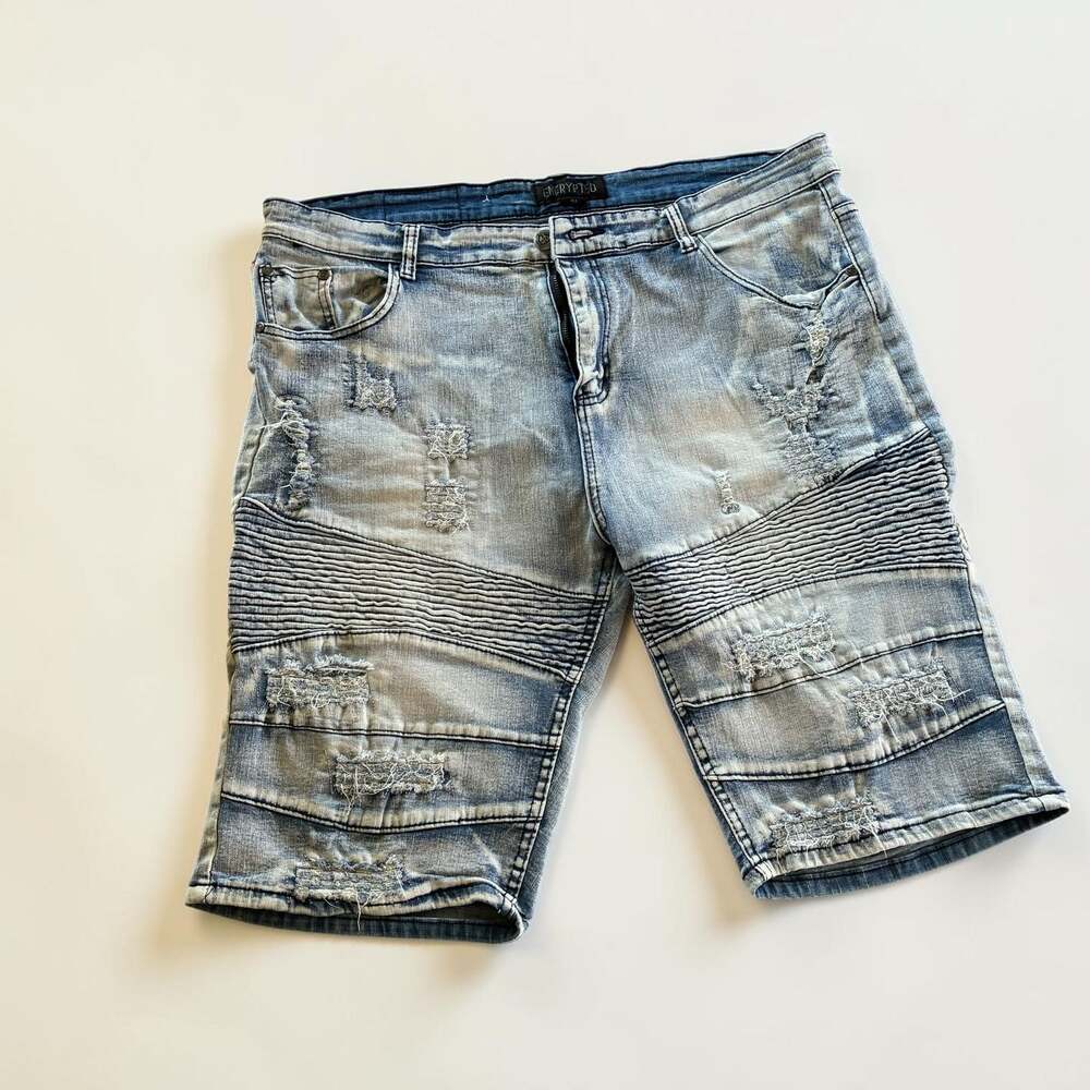 Encrypted Distressed Moto Biker Denim Shorts Size 42